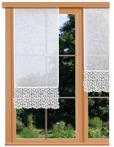 Flächenvorhang Carmelita mit Vogtländischer Spitze weiß | Landhaus-Flächengardine in Käseleinenoptik | Schiebepaneele mit moderner Stickerei handgefertigt | Schiebegardine Höhe x Breite 110 x 40 cm