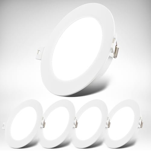 B.K.Licht - 5er Set LED Einbaustrahler 230V flach, neutralweißes Licht, je 6W 660lm, LED Spot, Deckenspots, Spots 230V, Einbauleuchten, Einbauspots, 68mm Lochmass, 120x28mm (DxH), Weiß