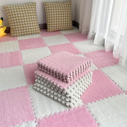 10 Stück Spielmatten aus Plüschschaum, quadratisch, langflorig, Puzzlematte für Spielzimmer, 30 x 30 x 1 cm, Rosa und Weiß