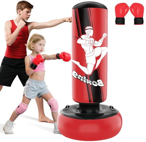 JUOIFIP Boxsack Kinder 160cm Aufblasbarer Boxsack Stehend mit Boxhandschuhen zum Üben von MMA Karate Taekwondo und zum Abbau von aufgestauter Energie