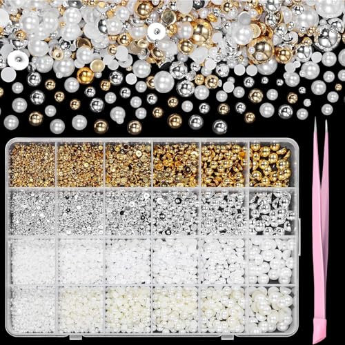 GZMAYUEN 920Pcs Gold Silber Flatback Perlen für Nägel, Halbrunde Weiße Beige Nail Perlen, Kleine Halbrunde Flatback Perlen für DIY Nail Art Decor