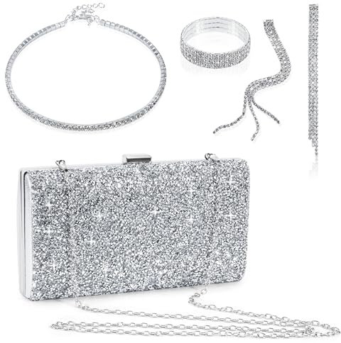 Tunejoy Strass Pochette da Donna Borsetta da Sera per Feste di Nozze Glitterata Borse a Tracolla Paillettes Borsa Clutch da Sposa Set con Bracciale Collana Orecchino 4 Pezzi