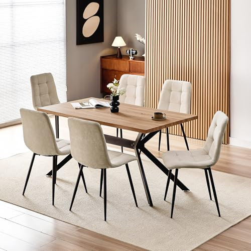 WAFTING Essgruppe Esstisch mit 6 Stühlen, 140×80×73cm Esstisch mit Dunkle Holzmaserung, und Gepolsterte Beige Esszimmerstühle mit hoher Rückenlehne und Leinendesign, für Küche Esszimmer, Wohnzimmer
