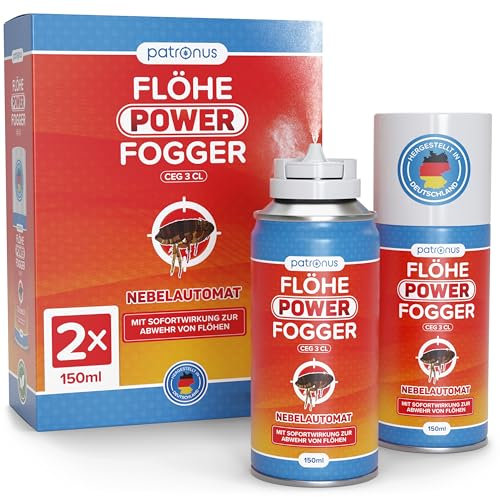 Patronus Flöhe Power Fogger - 2x 150ml - effektiver Floh-Fogger mit maximaler Sofortwirkung zur Abwehr gegen Flöhe in der Wohnung - für schwierig erreichbare Floh-Verstecke