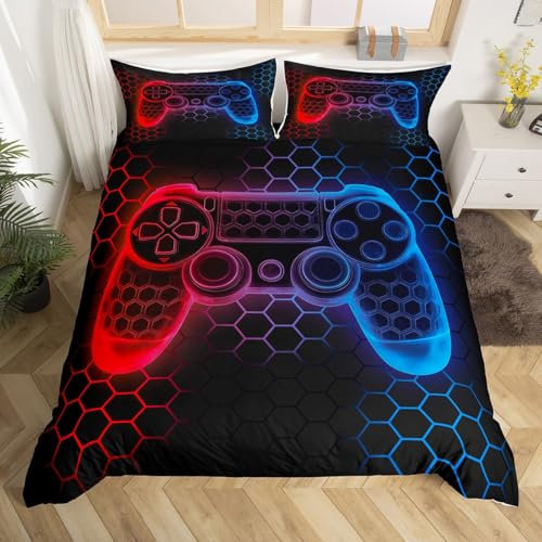 Loussiesd Kinder Gamer Honeycomb Bettwäsche Set 135x200cm für Kinder Mädchen Jungs Gaming Geometrische Bettbezug RotBlaue Neon Gamepad Betten Spielzimmer Dekor