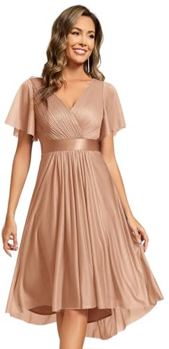 Ever-Pretty Robe Élégante pour Invitée de Mariage Col en V Manches Courtes Midi Or Rose 36