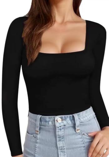 SASSY STYLE Womens Ladies Long Sleeve Square Neck Plain T-shirt Top Uk 8-26 (Black, 16)