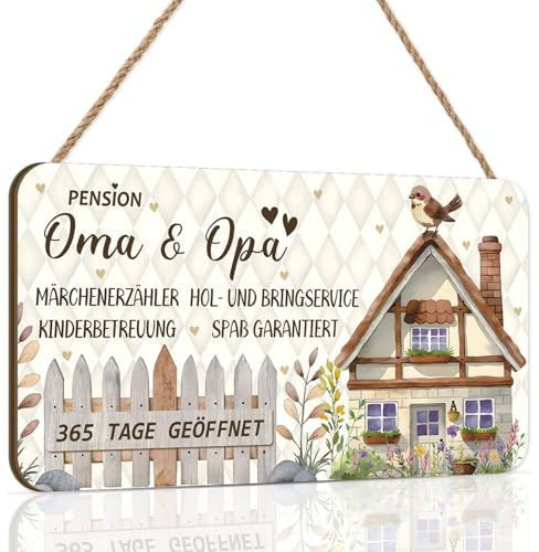 ANHUIB Decor Schild Holz Pension Oma & Opa 24 Stunden Kinderbetreuung Vintage Blechschild Familienhaus Deko Ganzjährig Geöffnet Schild