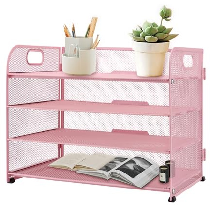 CHIHEUNG 4 Tier Paper Trays for Desk, Pink Desk Organiser, A4 Desk File Organiser, Mesh Letter Tray for Office Documents File Storage