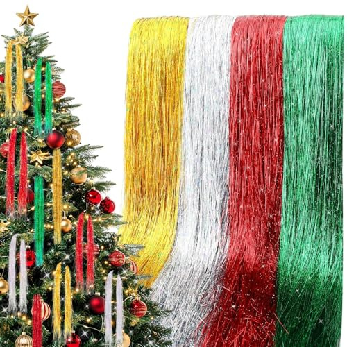 AUGSUN Weihnachtsbaum Lametta, 6000 Stränge Glitzer Lametta Vorhänge 50 cm Rot Grün Gold Silber Glitzervorhang Lametta für Geburtstagsfeier Hochzeit Weihnachten Party Deko
