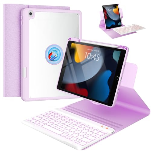 OYEEICE Tablet-Tastaturhülle ist kompatibel mit dem iPad der 9/8/7 Gen 10,2 | 360° Drehbar und Abnehmbar, verfügt über einen Stiftschacht, eine magnetische 7-farbige Hintergrundbeleuchtung