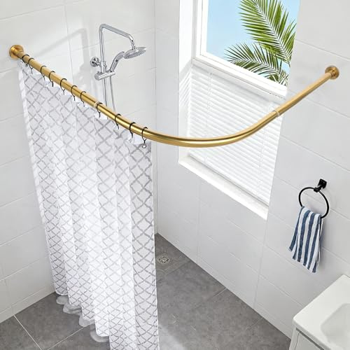 Minicoco Shower Curtain Rail for Bathtubs, L-Shaped Shower Curtain Pole in three varations 68x98cm / 68x98 cm, Wall Mounted Shower Pole, Curved Shower Rail, Black Powder Coated Steel-GOLD