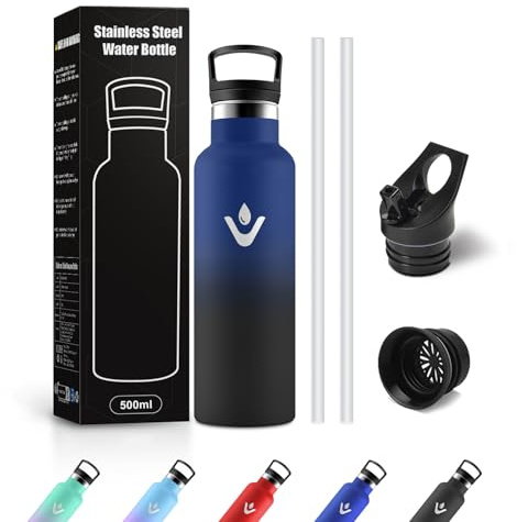 Botella Agua Acero Inoxidable 500ml, Cantimplora con Pajita, sin BPA, a Prueba de Fugas, Reutilizable para Oficina, Camping