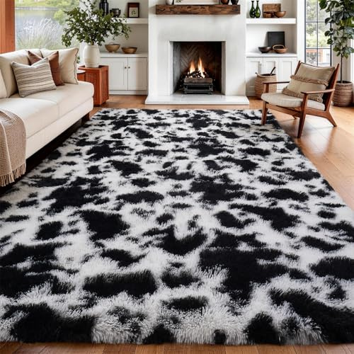 SOANNY Rugs Living Room, Fluffy Tie-Dye Area Rug Black & White, 120x180cm | Machine Washable, Non Slip, Area Mat, Bedroom Dorm Office Lounge Playroom Nursery Bedside Sofa Kids Room Home Decor Entryway