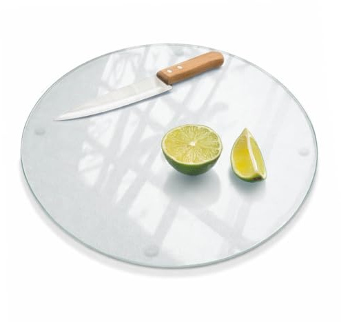 Satinato Tagliere in Vetro fi 40 cm Rotondo Con Stampa Piedini Antiscivolo Design Moderno Resistente ai Batteri Protezione del Piano di Lavoro Cucina Per Tagliare Decorativo Simmetrico Organico