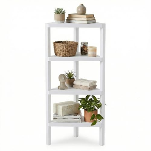 KOMFOTTEU Eckregal 4 Ebenen, platzsparendes Eckregal aus Kunststoff mit 4 offenen Ablagen, belastbar bis 32 kg, Badezimmerregal für Bad Küche Wohnzimmer Schlafzimmer Büro, 46 x 33 x 99 cm (weiß)