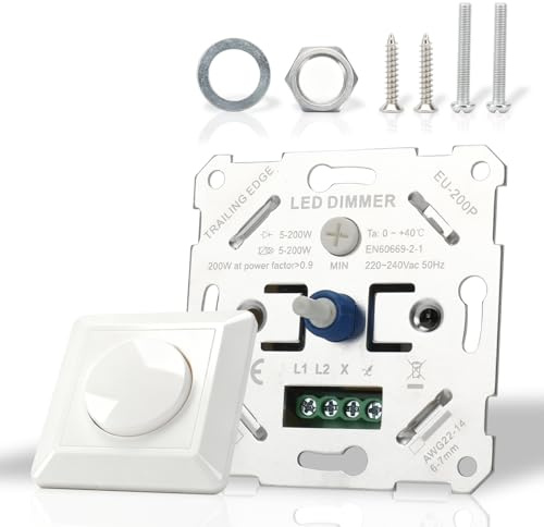Dimmer Schalter LED 220-240V, Dimmschalter mit Drehknopf Universeller 5-200W Dimmer für LED-Lampen, Lichtschalter Dimmbar Drehdimmer Weiß für Schlafzimmer Wohnzimmer