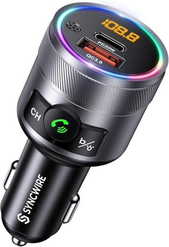 SYNCWIRE Bluetooth Adapter Auto 5.4, FM Transmitter Auto Bluetooth | 38W Dual-USB Schnellladen mit PD & QC3.0, Bass Boost, Mikrofon, Kabelloser Radio-Musikadapter