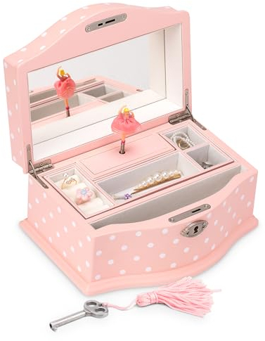 Art Lins Elle Ballerina Music Jewelry Box with Lock, Wooden Keepsake Box with Wind Up Music Swan Lake, Large (Pink)