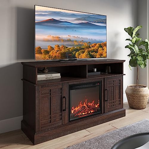 BELLEZE Modern 47 Inch Farmhouse TV Stand with 18 Inch Electric Fireplace & Media Entertainment Center Console Table for TV up to 50 Inch with Open Storage Shelves & Cabinets - Norrell (Espresso)