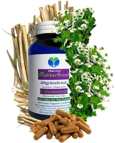 MUTTERKRAUT + WEIDENRINDE 120 Kapseln [Migränekraut Feverfew Fieberkraut] - Frauen Universalmittel nach Hildegard von Bingen. 100% NATUR pur [OHNE ZUSATZSTOFFE] 26685-120