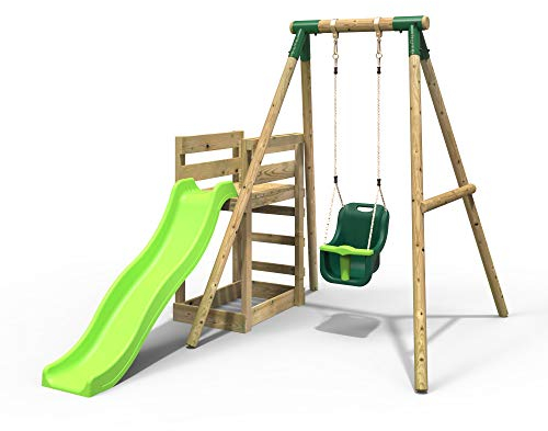 Rebo® Wooden Swing Set plus Deck and Slide - Pluto Green | OutdoorToys | Garden Swing Children | Kids Garden Furniture | Garden Toys | Swing and Slides for Kids