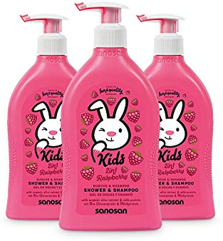 sanosan 2in1 Dusche & Shampoo Himbeere für Kinder - Duschgel & Haarshampoo mit Bio Olivenextrakt & Milchprotein im 3er Pack (3x 400 ml) - Haarpflege, Hautpflege, Shower Gel, Haar Shampoo
