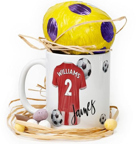 Personalised Mug and Belgian Milk Chocolate/Hot Chocolate Stirrer Marshmallow Gift Set, Custom Name/Number/Text on (11oz) White, Blue, Black, Pink Mug with Red and White Stripe Base Football Shirt