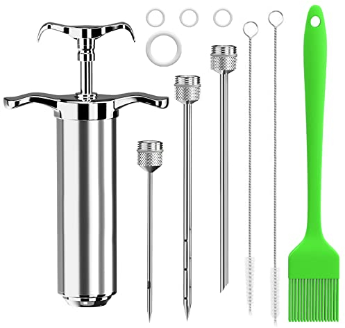 Vrent Turkey baster,Meat Injector,with 3 Marinade Injector Needles 4 Spare O-Rings and 2 Cleaner Brush,Meat Injector Syringe for BBQ Meat Beef Chicken Pastry(Silver)