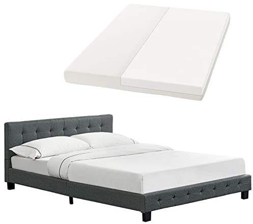 Juskys Polsterbett Manresa 140 x 200 cm mit Lattenrost, Matratze, Kopfteil mit Zier-Steppung & Stoff Bezug - Bett Bettgestell für Erwachsene & Jugendliche - Grau