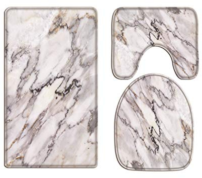 A.Monamour Badezimmer Badematte 3 Teilig Set Abstrakte Kunst des Weißen Marmor Textur Hintergrundes Flanell WC Toilette Deckel Deckt Bad Matte Teppich Badteppiche Badvorleger Badgarnitur Vorleger