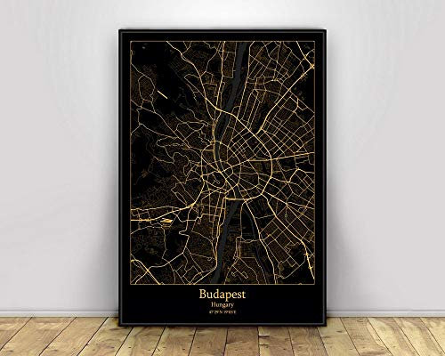SONG Leinwand Bild, Budapest Ungarn Schwarz & Gold Stadtlicht Benutzerdefinierte Weltstadtkarte Poster Leinwand Wandbilder für Wohnzimmer Wandkunst Wohnkultur,50X75CM
