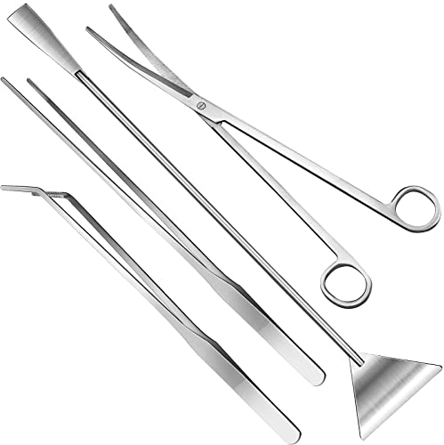 Set di attrezzi multiuso per acquario, pinze per piante acquatiche lunghe 4 in 1, forbici e spatola per pesci e piante acquatiche, kit per la pulizia dei pesci e per principianti (argento)