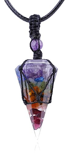 6 Facet Reiki Healing Crystal Stone Necklace Adjustable Rope Gemstone Pointed Pendant Necklaces Natural Quartz Jewelry Gift for Men Women, Crystal, Quartz,