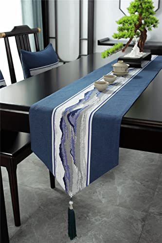 Dostear Tischläufer Blaue Quaste 33 X 160cm Leinen Tischband Läufer Abwaschbar für Küche Speisetisch Tabletop Dekor