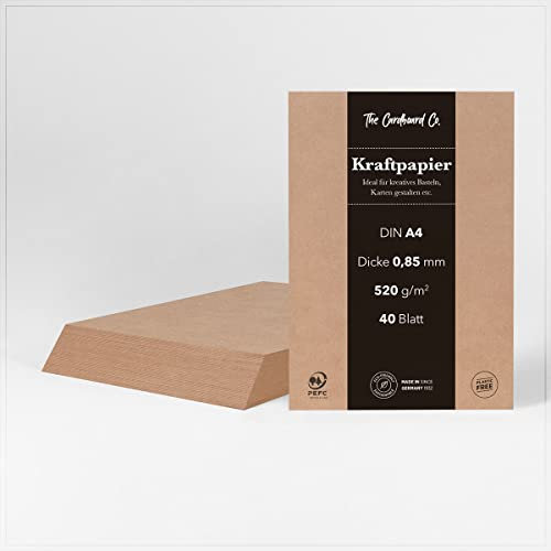 Kraftpapier, 0,85 mm (520 g/m²), DIN A4 (210 x 297 mm), 40 Blatt, Bastelpapier braun für kreatives Malen, Basteln, Karten