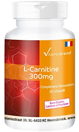 Vitamintrend L-Carnitin 300 mg, 60 Kapseln, schluckfreundlich, Carnipure kristallin, hochrein, Nahrungsergänzungsmittel vegan ohne Magnesiumstearat, in Deutschland hergestellt