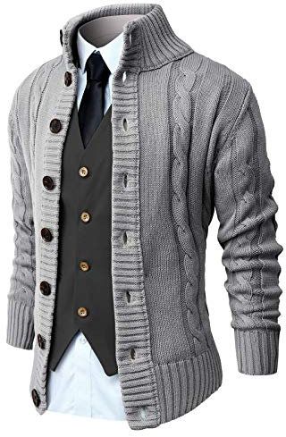 NITAGUT Men's Cardigans Long Sleeve Stand Collar Sweaters Button Down Cable Knitted Sweater(Grey,M)