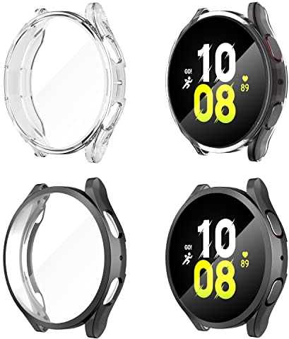 Diruite 4-Stück Schutzfolie für Samsung Galaxy Watch 5 44mm Schutzhülle, HD Stoßfestes Weiche TPU Hülle Vollschutz Displayschutzfolie Screen Protector Case,Schwarz*2&Klar*2,44mm