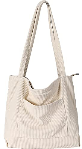 WantGor Frauen Cord Tote Bag, große Schulter Hobo Taschen Casual Handtaschen Große Kapazität Einkaufstasche (Beige)