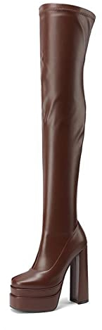 15CM Stivali Lungi Tacchi Spessi Tacchi Alti sopra Ginocchio Stivali Testa Quadrata Sexy Super Lunghi Stivali Grandi,Marrone,39 EU