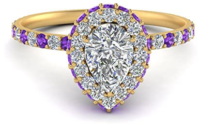 Pave Rollover Pear Halo Engagement Ring yellow gold plated Natural Amethyst Pear shape purple color Side Stone Engagement Rings prong Setting in Size Z1 Fashion Jewelry GPR-D1504-PEAR-AME-Z1