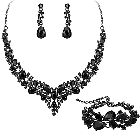 EVER FAITH Statement Halskette Ohrringe und Armband Set für Damen österreichische Kristall Tropfen Cluster Schmuckset Schwarz Schwarz-Tone