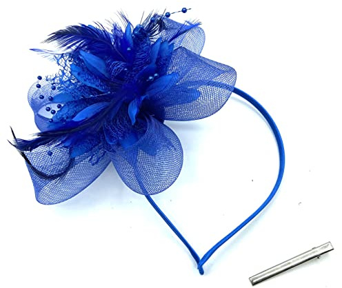 Ladies Beaded Feather Fascinator Clip/Headband Weddings, Races, Royal Ascot (Royal Blue)