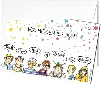 Grußkarte Wir mögen es bunt | Dialekt Freunde | Klappkarte Karte | Künstlerin: Barbara Freundlieb