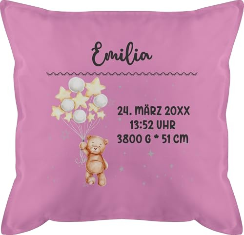 Kissen 50x50 - Geburtsgeschenk Teddy Bär Datum Uhrzeit Gewicht Größe I Geschenk zur Geburt personalisiert - 50 x 50 cm - Pink - personalisierte Geschenke Baby geburtskissen neugeboren