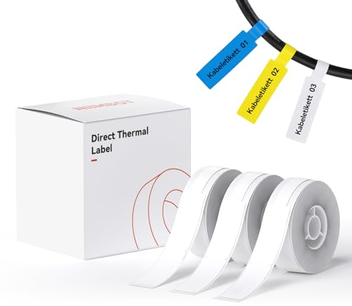NIIMBOT Thermo Kabeletiketten, 12.5 x 109mm Etikettendrucker Thermo Papier Kompatibel mit dem D110 D11 D101 H1S Etikettendrucker, 65 Etiketten/Rolle (3-Rollen-Pack) (Weiß)