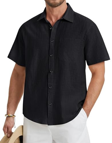HISDERN Chemise Lin Homme Noir Chemises à Manche Courte pour Homme Classique Casual Business Boutons Solid Shirt M