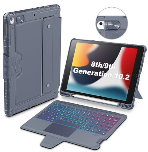 Nillkin for iPad 9th Generation Case with Detachable Keyboard 10.2 inch, Slide Camera Cover,7 Backlight Colors, Precise Trackpad, Pencil Holder Compatible with iPad 7th/8th/9th Gen Backlit Case,Gray