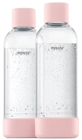 Mysoda : Bouteille de gazéification en PET sans BPA pour machine à eau pétillante, avec fermeture rapide et détails en composite de bois, 2 x 1 L - Rose